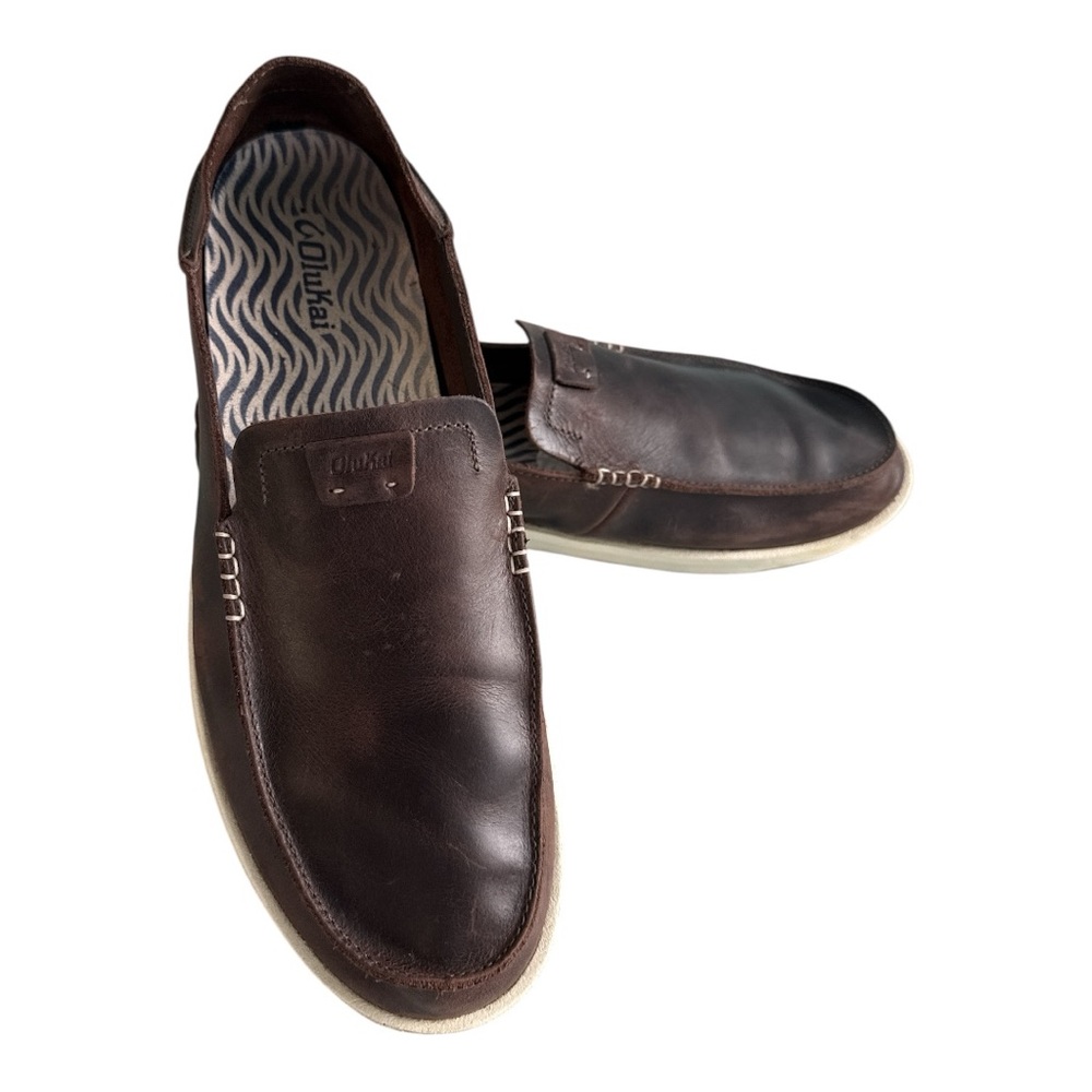 Olukai Brown Leather Fold Down Slip on Loafers Big & Tall Mens 14 Relaxed Slides